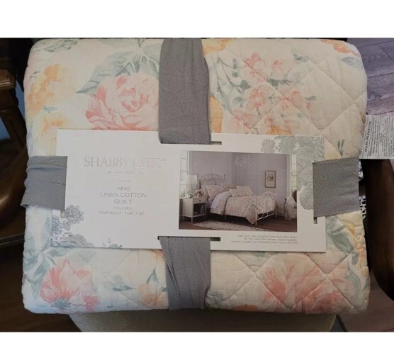 Потертый шик Rachel Ashwell King лоскутное одеяло льняной хлопок фермерский дом цветочный оранжевый зеленый - Изображение 3 из 4