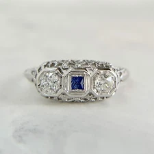 Art Deco 18K White Gold Old Euro Cut Diamond  & Synthetic Sapphire Filigree Ring