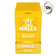 Full Box 12x Bags HALLS Relief Honey Lemon Soothing Cough Drops - 30 Per Bag
