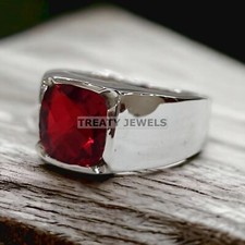 Ruby Cushion Cut Gemstone With 14K Solid White Gold Ring For Men's #A493