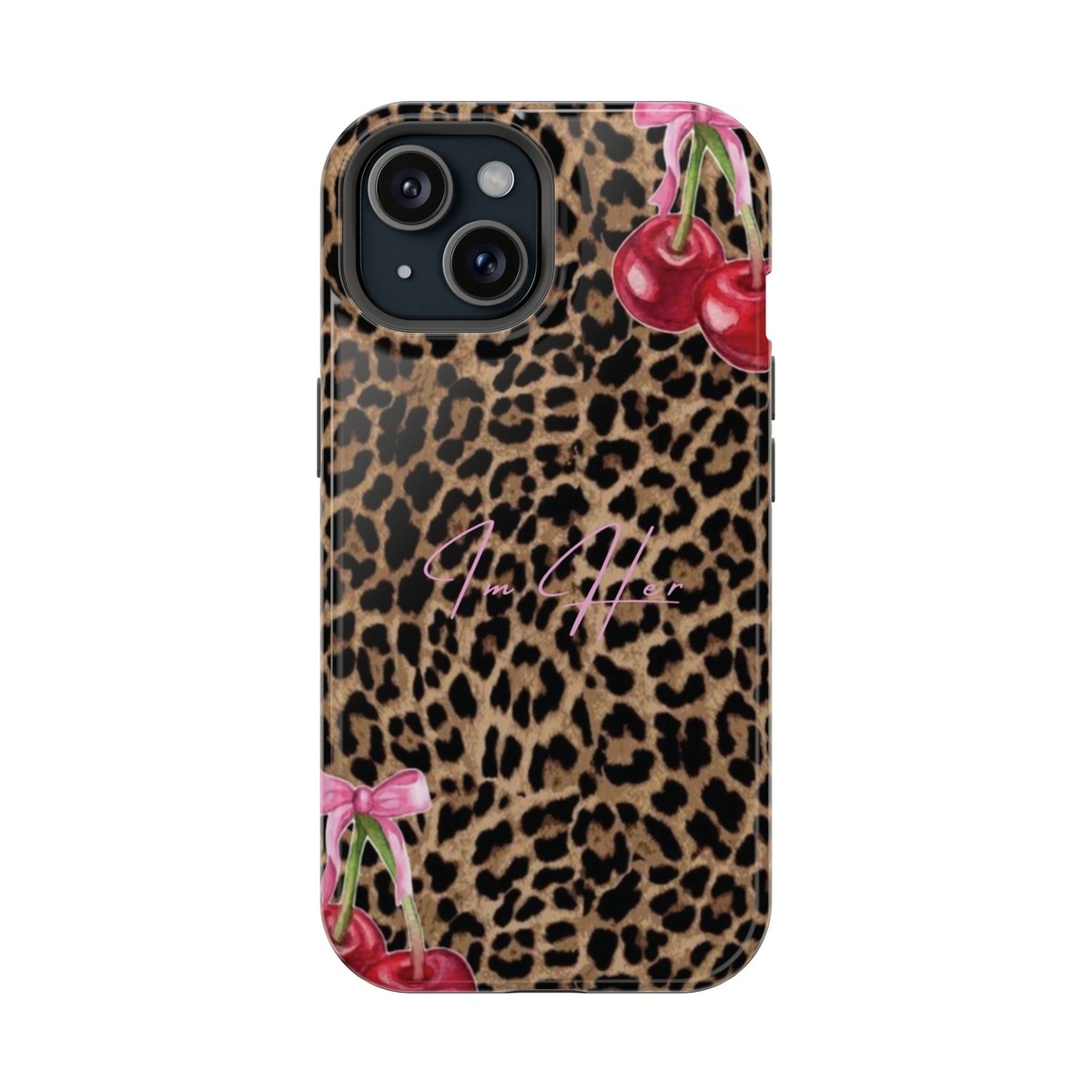 Chic Leopard Print Phone Case with Cherry Design, Cute Gift, Fashion Accessory, Chic Leopard Print Phone Case with Cherry Design, Cute Gift, Fashion Accessory,