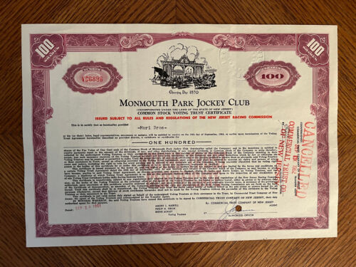 Monmouth Park Jockey Club stock certificate Signed Eugene Mori owner Hialeah FL - Photo 1 sur 2