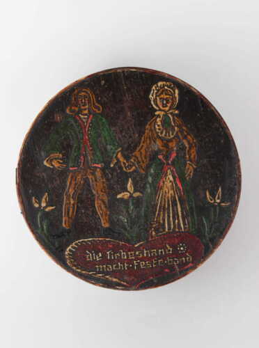 Antike Spanschachtel 19.Jahrhundert 'Die Liebeshand macht feste Band' - Afbeelding 1 van 7