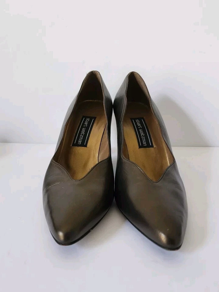 复古 80 年代 Stuart Weitzman 青铜泡泡堆叠高跟鞋浅口鞋 7.5 B 码 — 第 2/4 张图片