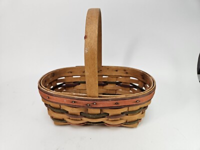 Vtg 1990s Longaberger Oblong Stationary Handle Wooden Woven Basket 8'' Long