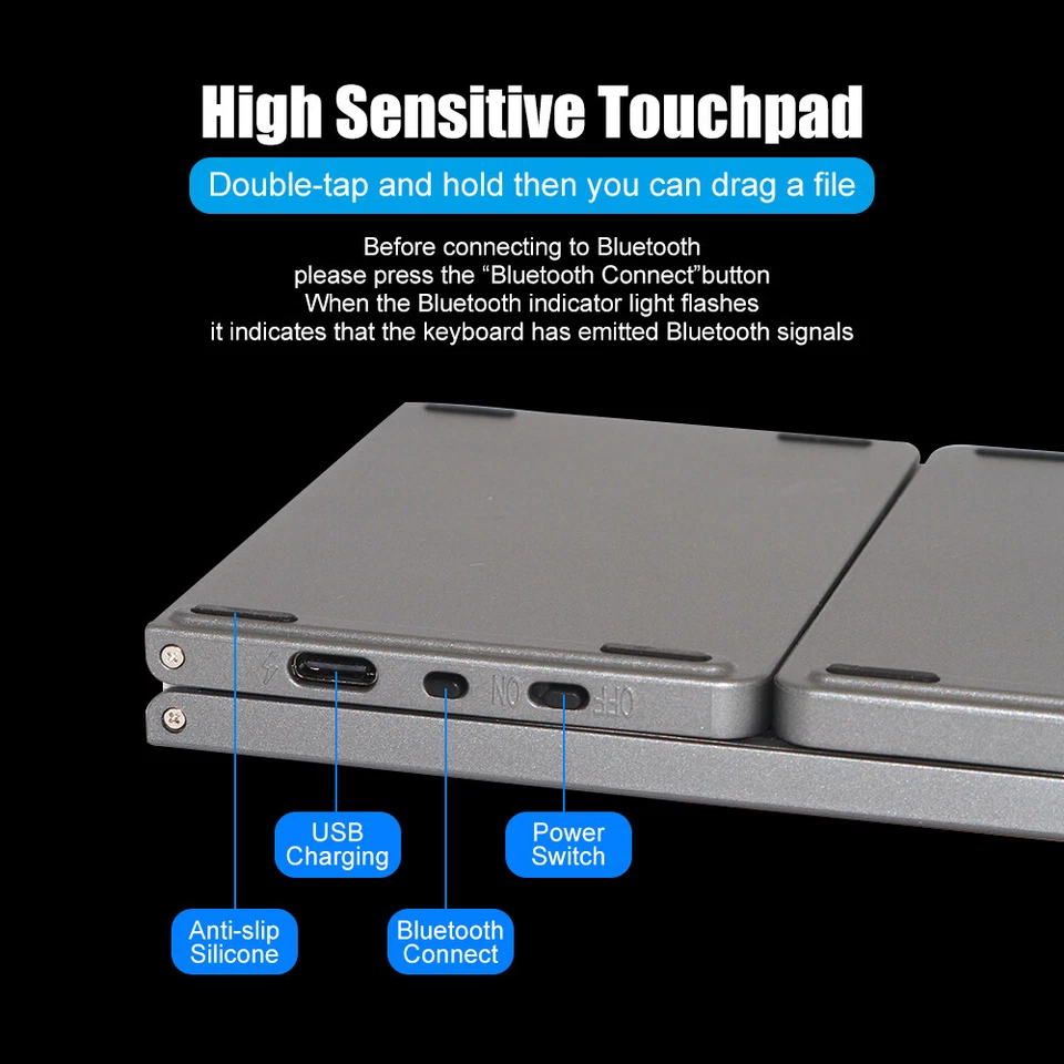 Mini Folding Wireless New Bluetooth Keyboard w/Touchpad For Laptop Tablet Phone - Image 4 of 4