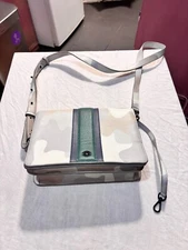 Dagne Dover leather crossbody bag in green and beige camo, leather interior 