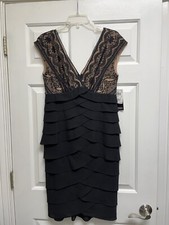 Adrianna Papell Classic Black Lacy Ruffle Cocktail Formal Wedding Dress 10 NWT