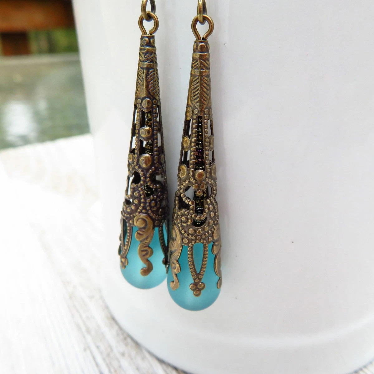Aqua sea glass earrings long Victorian style antique bronze