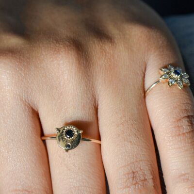 14K Gold natürlicher schwarzer Diamant gravierte Sonnenscheibe Ring-Jewelzofny