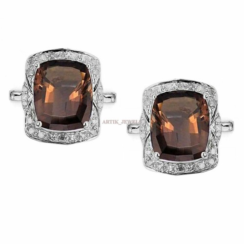 Natural Smoky Quartz Gemstone with 925 Sterling Silver Cufflink #2498 - Picture 2 of 3
