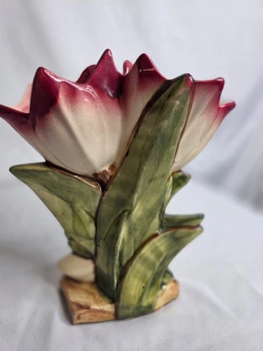 Antique Early Original McCoy Double Tulip Crocus Art Pottery Vase White Pink USA