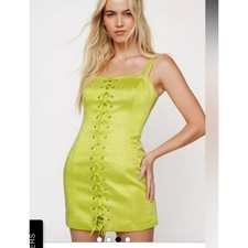 Nasty Gal Hot Fix Lace Up Satin Mini Dress Women Large Lime Green NWT Rhinestone