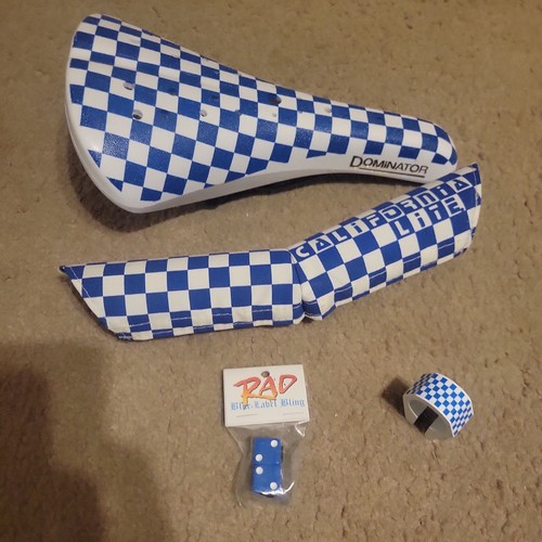 Vintage Old School BMX Dominator Blue White Seat CHECKERBOARD Lot 4pc.