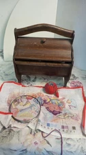 VTG Wooden ROUNDED Sewing Box Yarn Storage Organizer 2 doors & Handle LEGS 11x8T