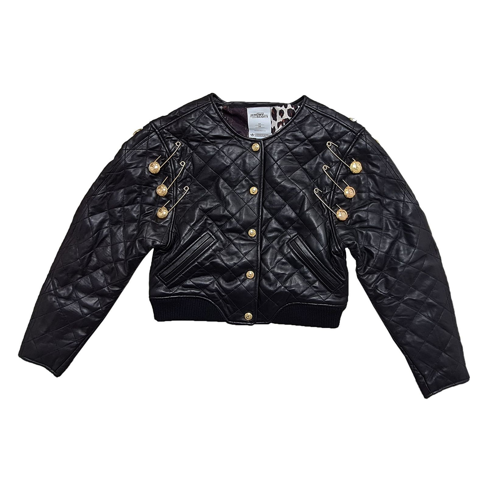 Adidas Jeremy Scott Chaqueta De Cuero Acolchada Para Mujer Biker Negra Dorada
