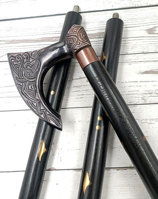 Nautical Designer Antique Axe Handle Black wooden brass inlay walking stick Cane