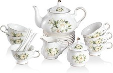 Porcelain Tea Set 21-Piece 6 Cups & Saucers Creamer Spoons Floral Camellia–White