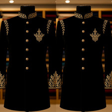 Black Men's Mid-Length Jacket Wedding Groom's Suit Gold Embroidery Hosting 2Pcs