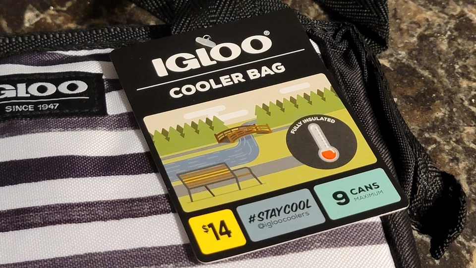 Igloo 9 Can Cooler Bag Lunch Tote Insulated Zip Closure Black & White Stripes - Image 3 of 4