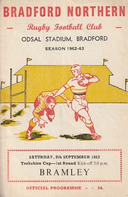  ENGLISH RUGBY LEAGUE OFFICIAL PROGRAMME , BRADFORD v BRAMLEY 8th SEPT 1962