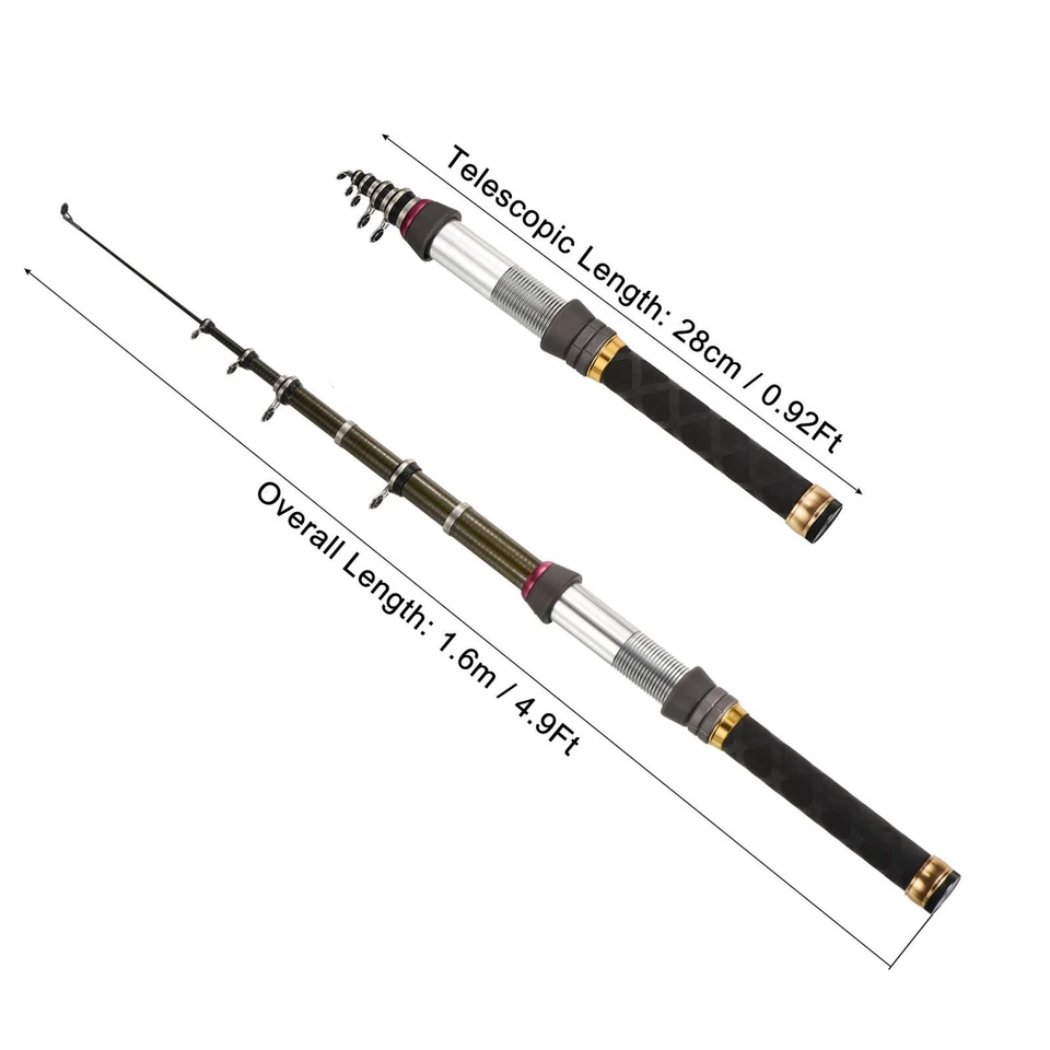 1.6m/4.9ft Pêche Barre Téléscopique 28cm, Carbone pour Eau Douce Pêche Noir - Photo 2/4