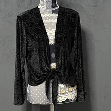 Elementz Bolero Shrug Womens L Black Burnout Velvet Tie Front Y2K Whimsigoth