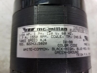 McMILLAN MOD# 8224315020 1/20HP 115/1/60 1550 RPM 5/16" SHAFT 3 SP MTR CCW LE