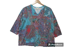Sz 2X Norm Thompson Women’s PAISLEY Top Shirt 3/4 Sleeve 100% Cotton Tee