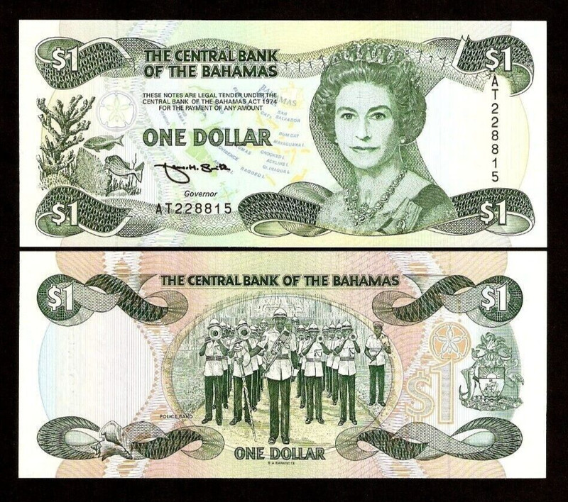 Bahamas 1 DOLLAR P-51 1974 ( 1992 ) Queen QEII Elizabeth England UNC Police Band