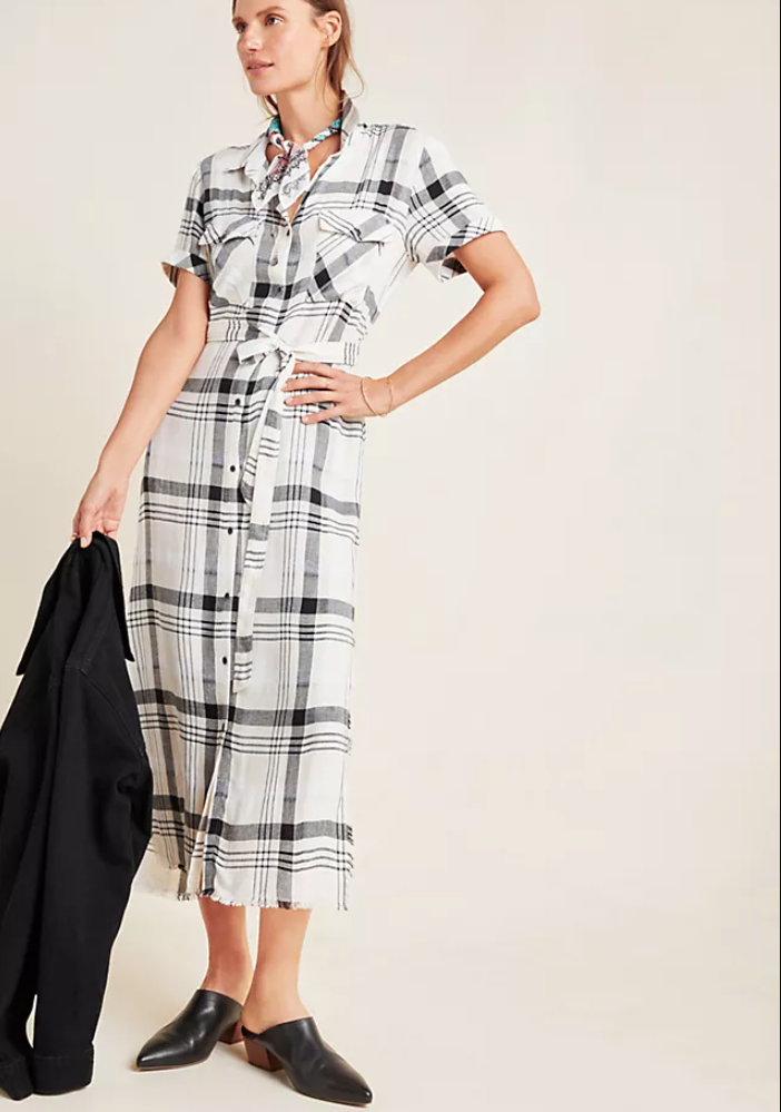 NEW CLOTH & STONE SzS FRAYED HEM SHORT SLEEVE BELTED SHIRT DRESS