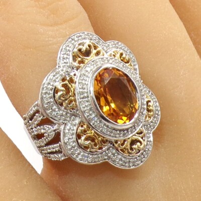 Kay's Sterlingsilber bicolor Citrin & 0,70 ctw Diamant breiter Ring Größe 7 LLE2