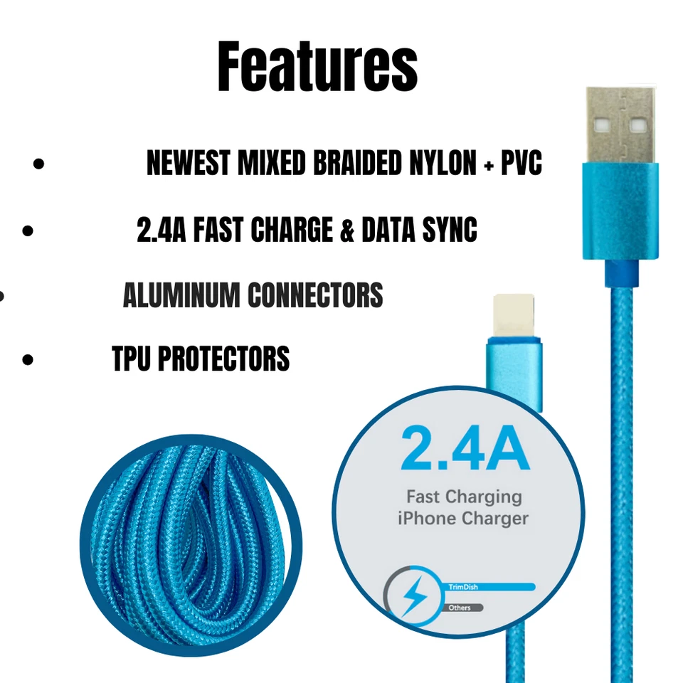 Braided 10Ft USB Fast Charger Cable For iPhone 12 11 7 8 6 XR SE 5 Charging Cord - Image 3 of 4