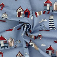 Canvas Fabric - Beach Huts Lighthouse Boats on BLUE - Craft Fabric Material