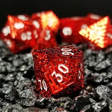 Sage's Labyrinths - Red Weave White Ink Hollow Metal Polyhedral Dice Set DnD