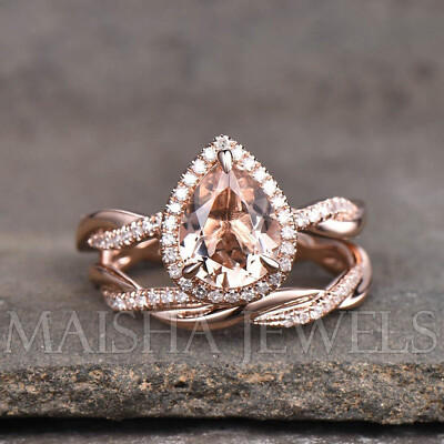 Natural Pink Morganite 9X7 MM Pear 14k Rose Gold Plated Engagement Couple  Ring