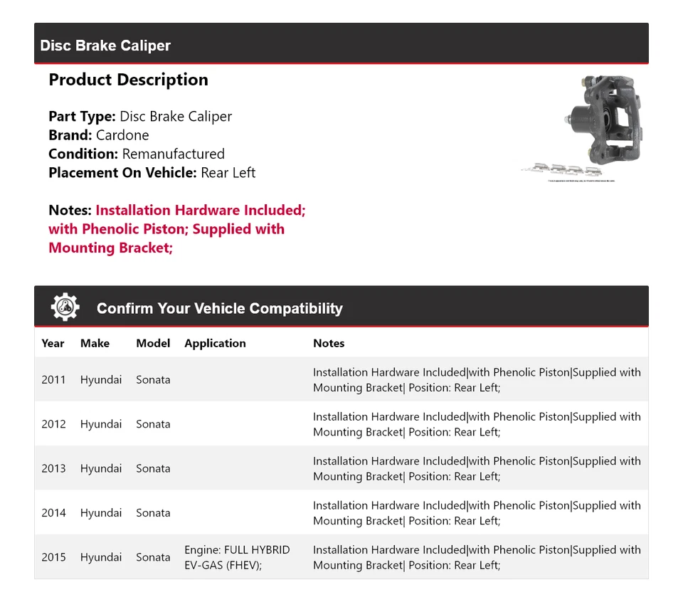 Pinza de freno de disco trasera izquierda cardone 2012 2013 2014 para Hyundai Sonata 2011-2015 Foto 2 de 4