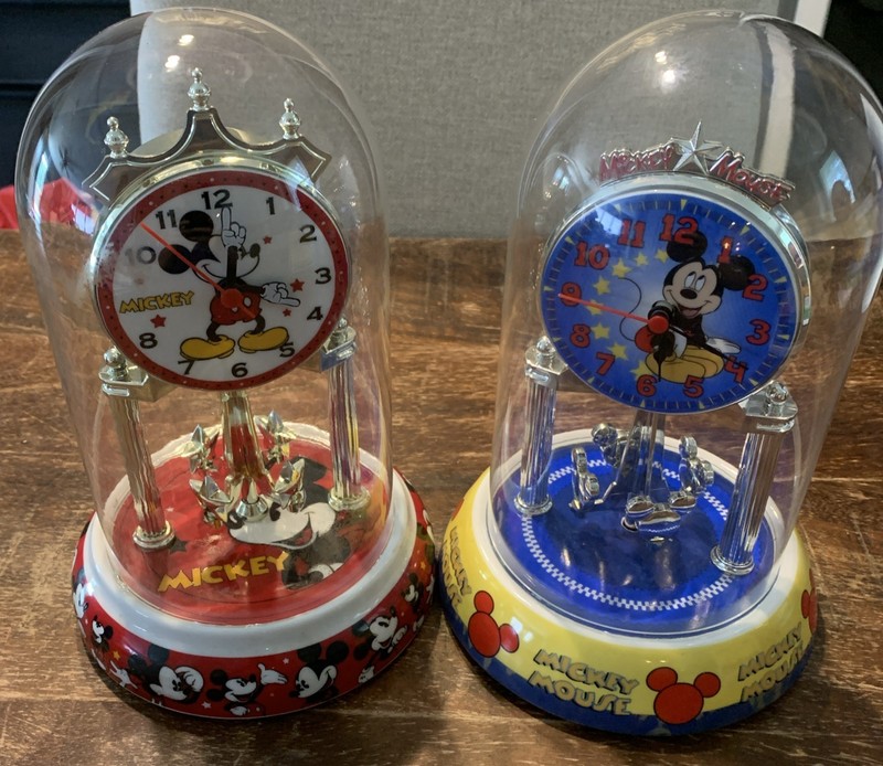 Walt Disney Mickey & Minnie Anniversary Clock Porcelain Base 9" Tall Glass Dome