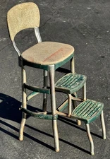 Primitive Mid Century Cosco Green Farmhouse Counter Chair Step Stool Plant Stand