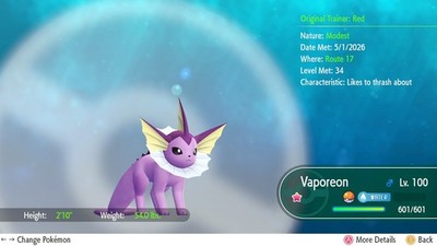 Vaporeon Shiny 6IVS Max AV Pokemon Lets'Go Pikachu/Eevee