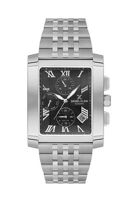 Mens 37mm Rectangle Quartz Watch Steel Strap Silver / Black Dial Day-Date