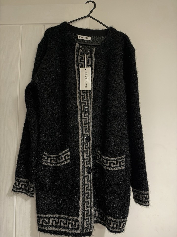 Oversized Fuzzy Geo Print Black Grey Design Cardigan with Pockets XL ...