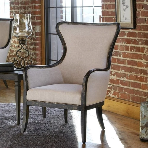 Uttermost Sandy Traditional Wood and Fabric Wingback Arm Chair in Beige - Picture 2 of 12