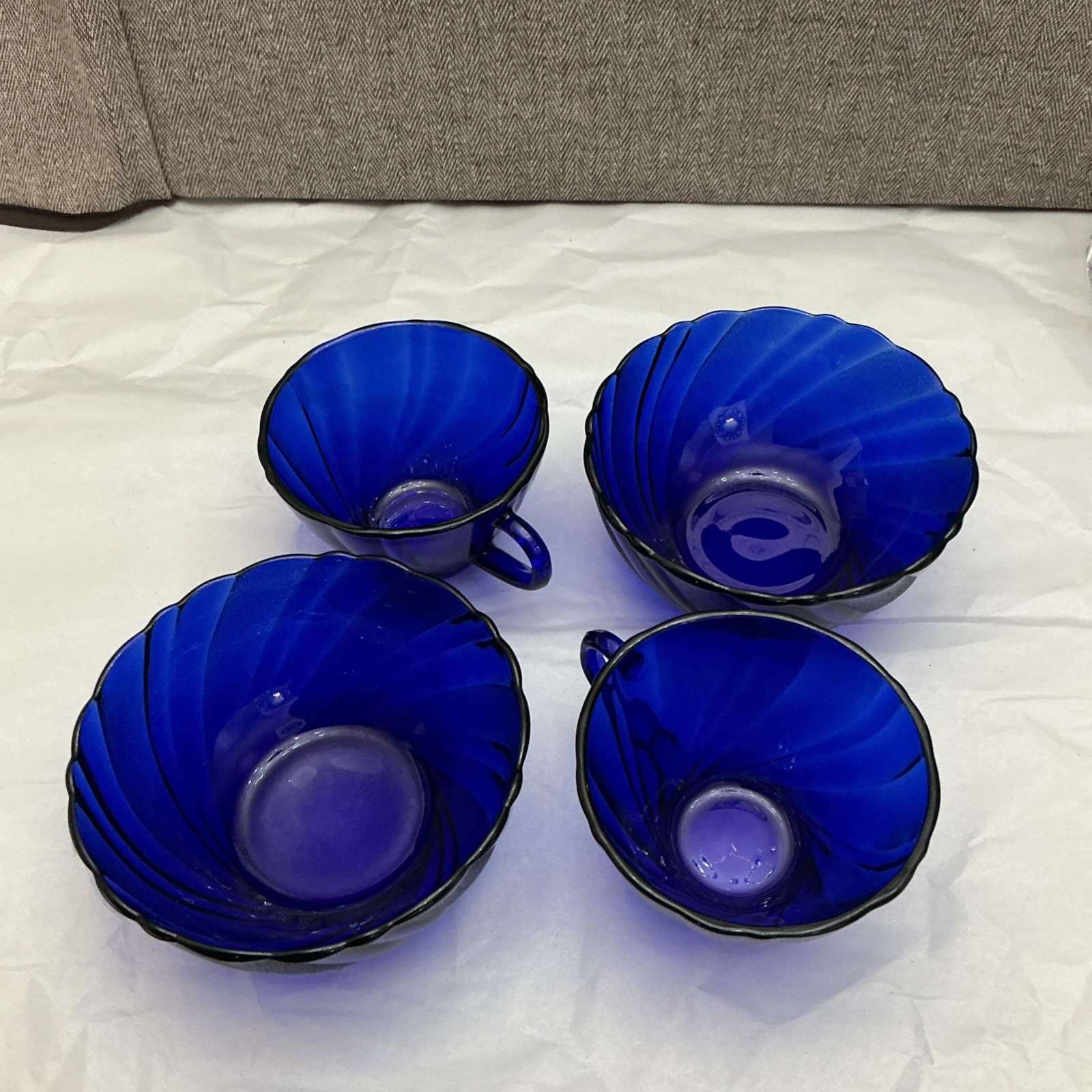Four Pieces Of Cobalt Blue France Produced Serve Ware. 2 Berry Bowls And 2 Cups