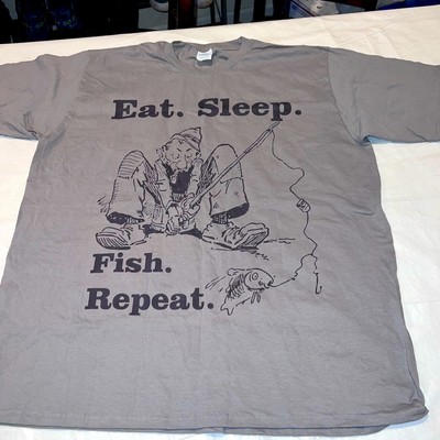 Fishing tshirt unisex Size XL Gray Short Sleeve Eat Sleep Fish Repeat