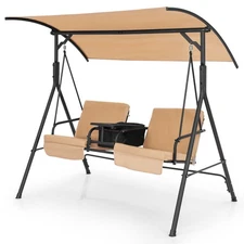 2-Person Canopy Porch Swing Padded Chair Cooler Bag Rotatable Tray Beige