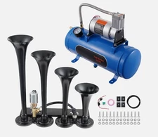 Train Horn Kit 4 Trumpets Air Horn Compressor 1.6 Gal Air Tank 120PSI Truck Car