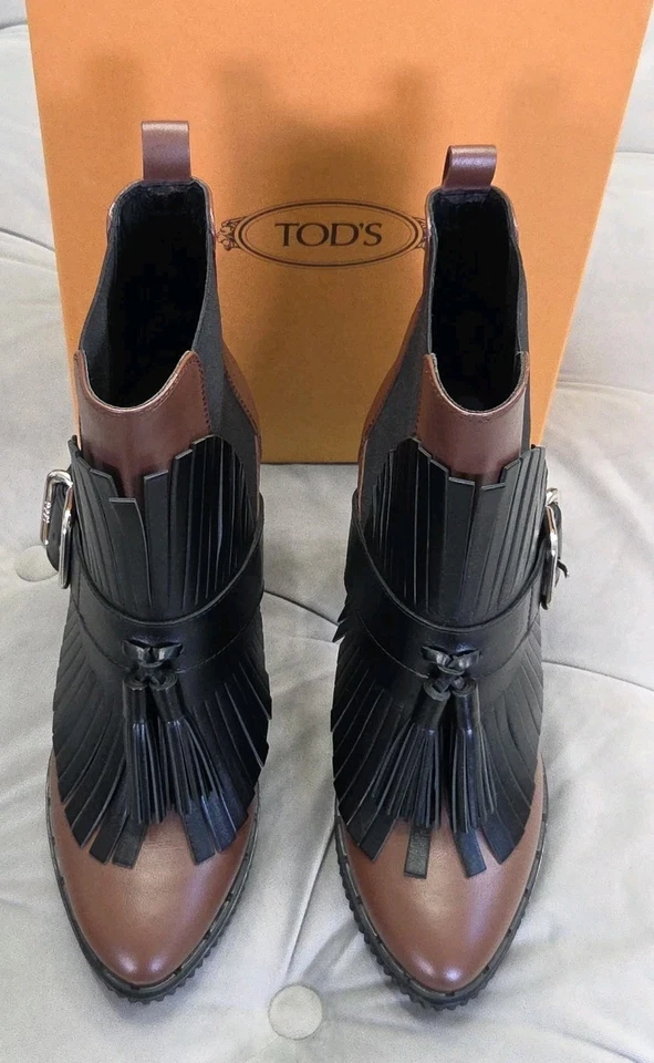 Tod's Marrón Negro Cuero Botines Tacones Borla Hebilla Mujer Zapatos 36.5 6.5 Foto 4 de 4