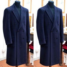Navy Wool Men's Long Overcoat Peak Lapel Double Breaseted Winter Men Long Coat