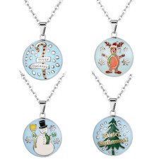 Christmas Tree Santa Clause Snowman Elk Pendant Necklace 22" Chain Xmas Gift